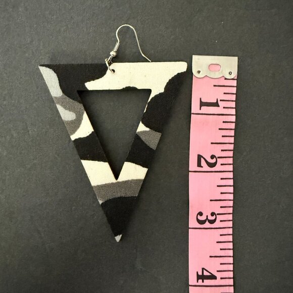 NOC Geometric Black Camouflage Triangle Wooden Fabric Drop Earrings Lightweight - Picture 3 of 3